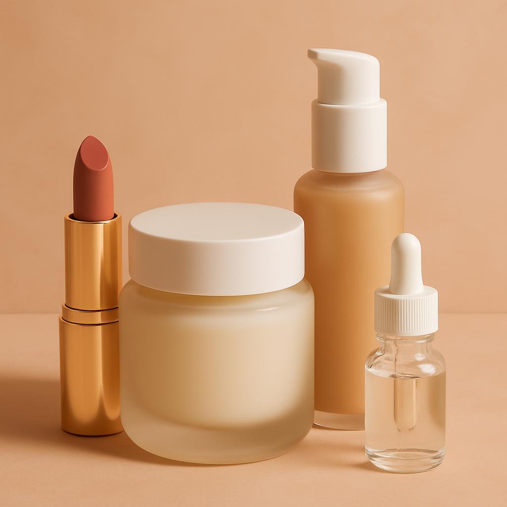 A collection of cosmetic products including lipstick, moisturizer and serum in front of a beige background.