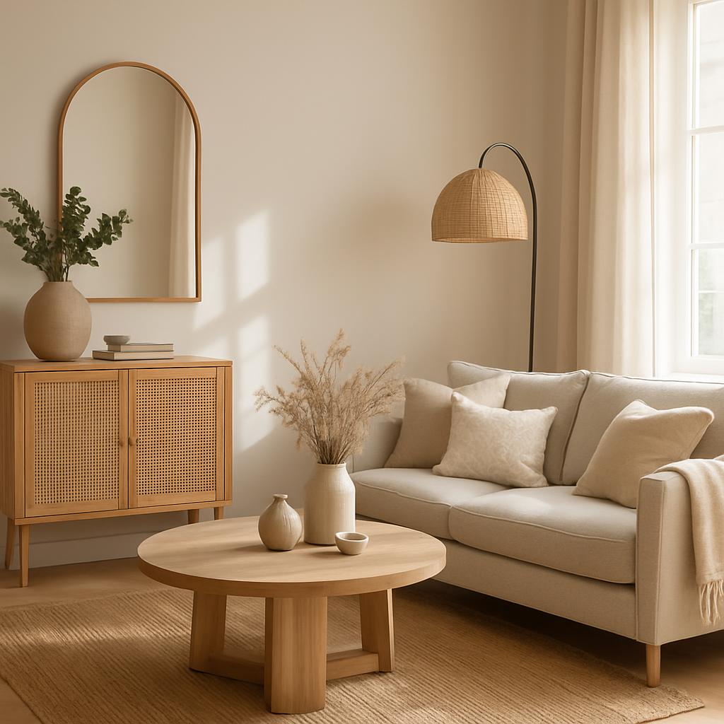 Living room with natural tones. Light-colored sofa, coffee table, and cabinet. Woven chair and floral arrangement. Natural...