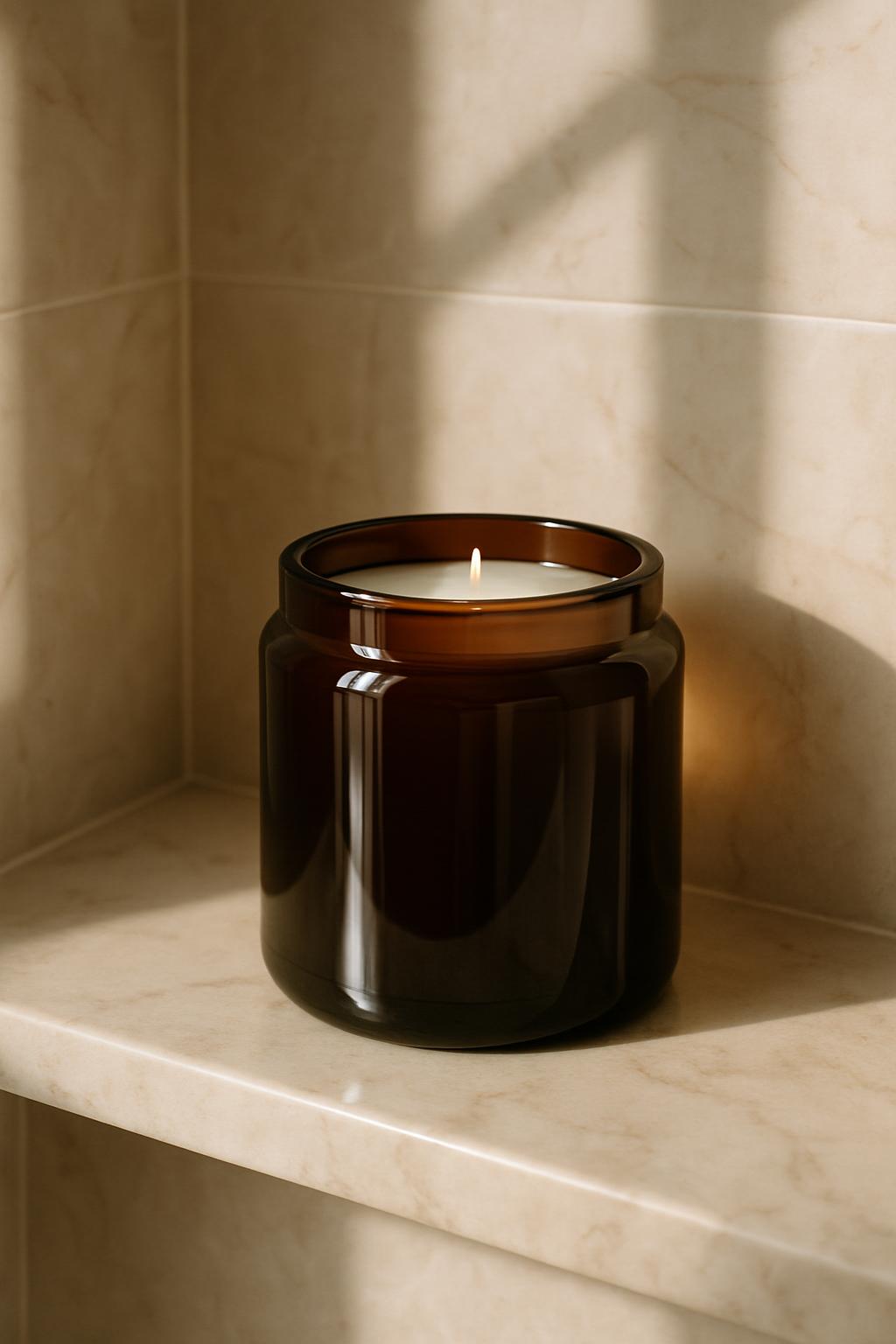 A dark brown candle is lit in a bathroom.