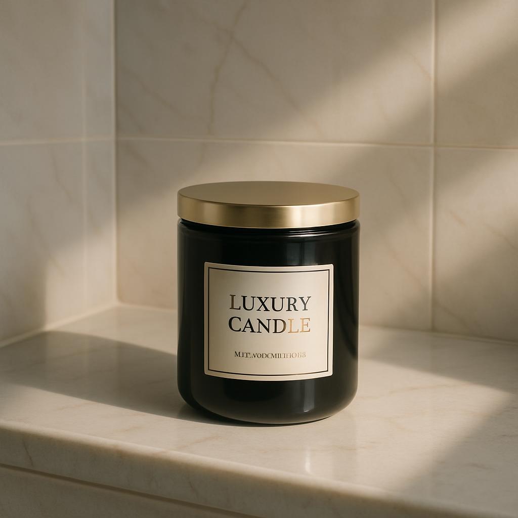 A black candle in a gold jar with a minimalist jar label with "LUXURY CANDLE" written in gold metallic text.