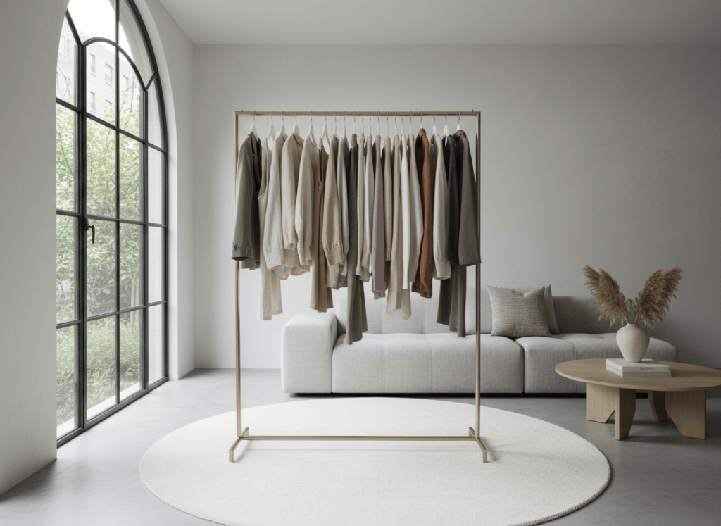 trendy modern petite clothing hanging on a rack in a stylish, modern room, no words, current fashion, lifestyle aesthetic