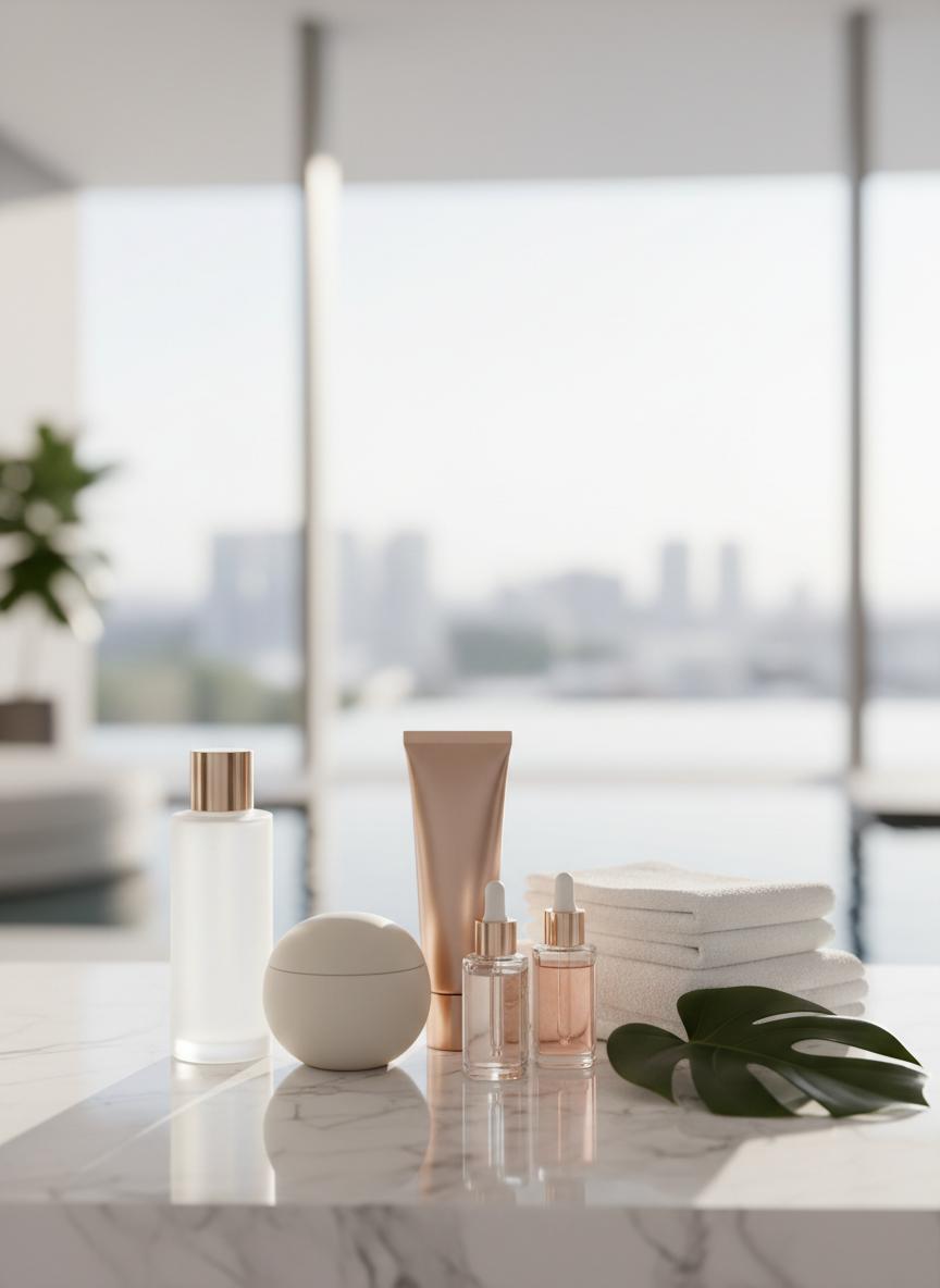 modern beauty products neatly arranged, no text, luxurious lifestyle vibe