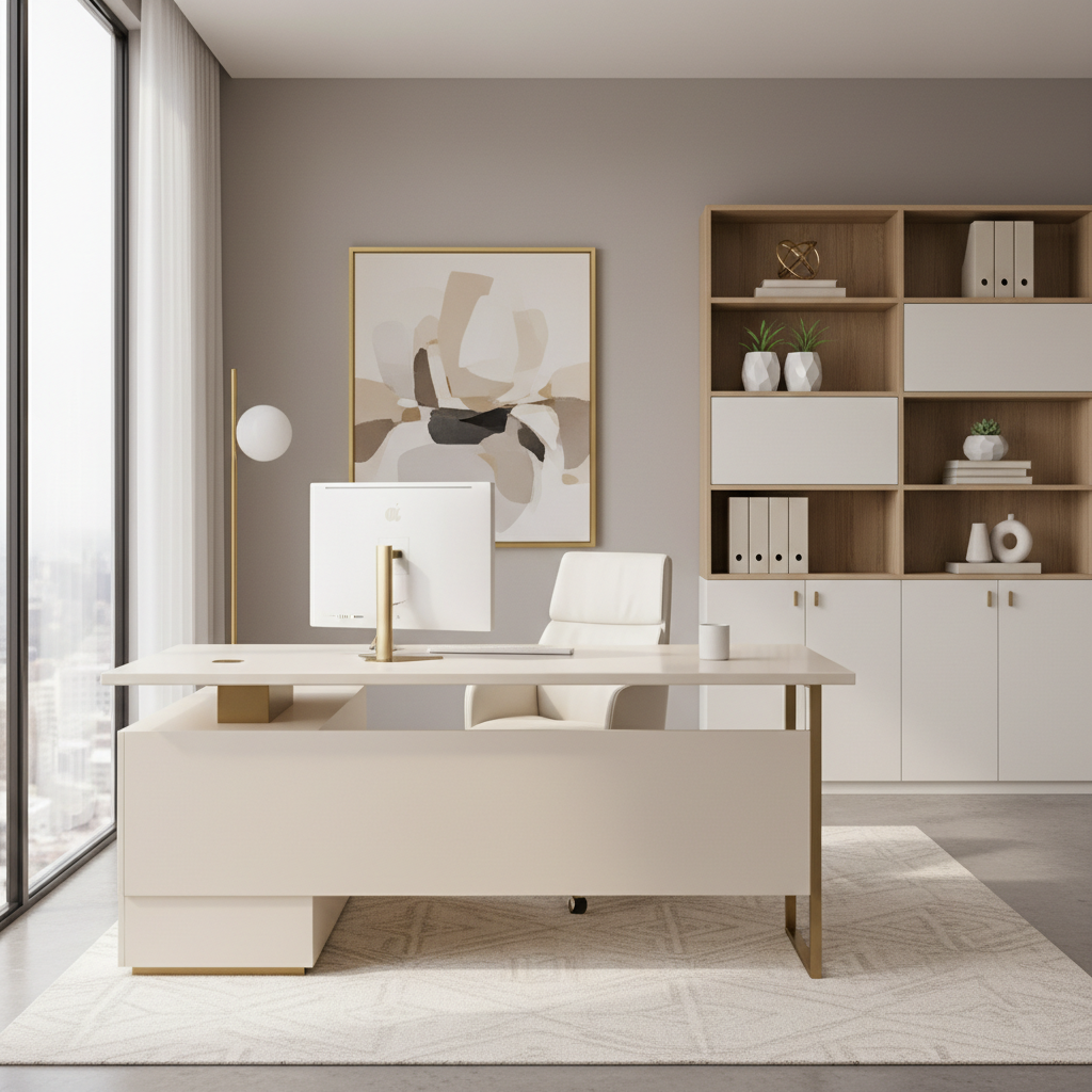 stylish, modern women’s office space, bright, organized, sophisticated, neutral color palette, no farmhouse or cozy rustic decor, no text