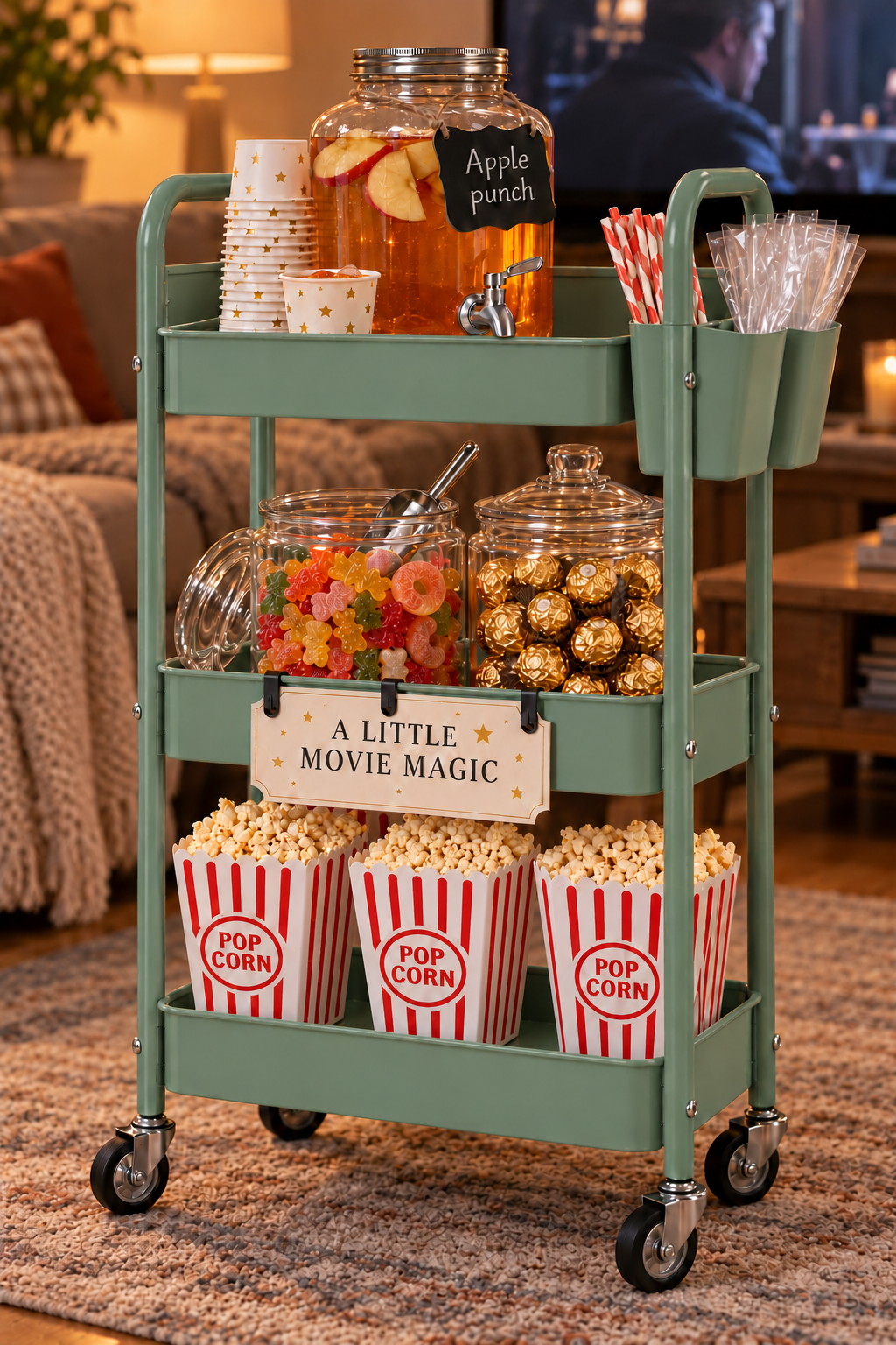 AI styling concept with a sage-green cart, apple punch, candy jars, popcorn tubs and empty candy bags ready to fill.