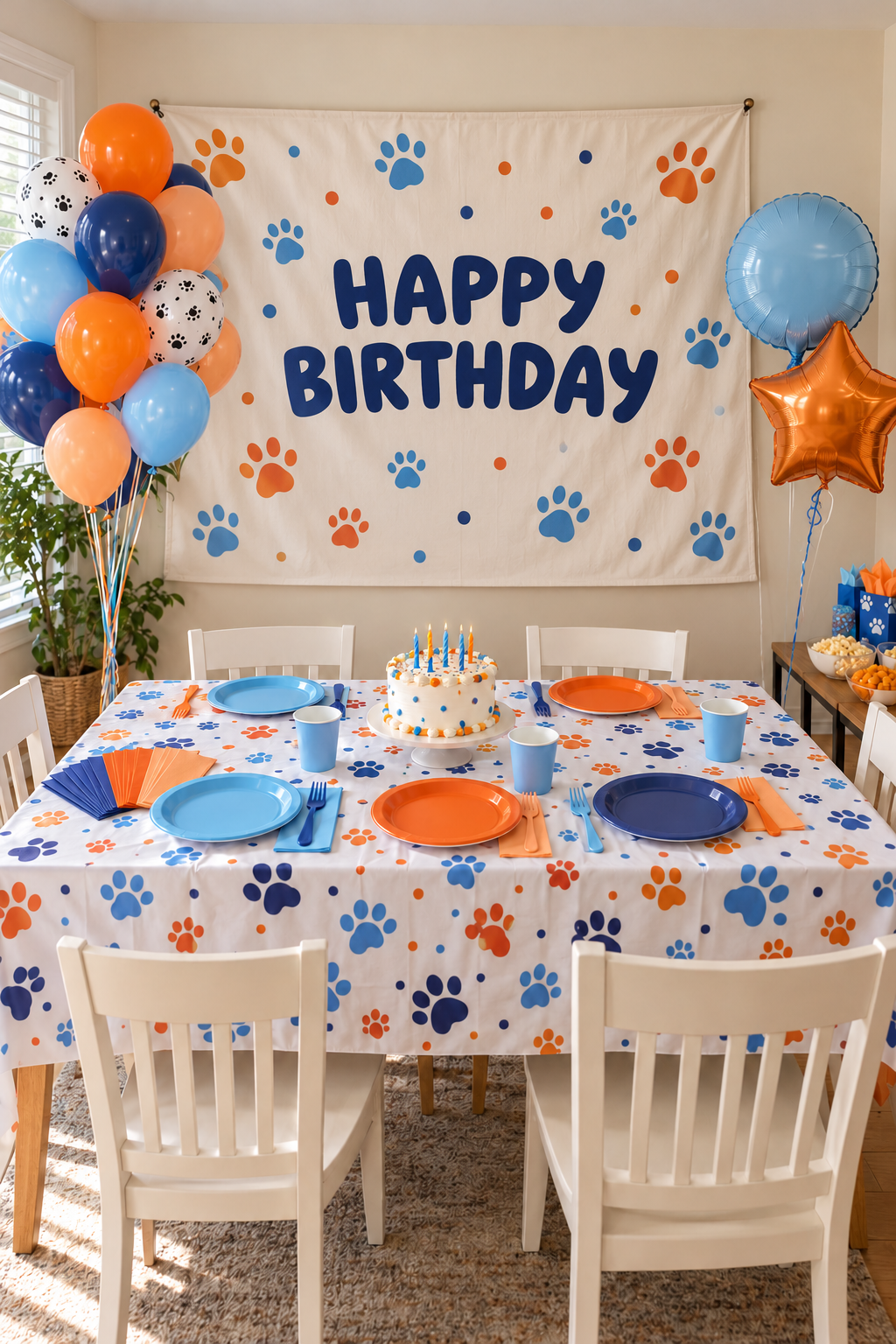 AI styling concept of a blue and orange puppy birthday table with paw-print tablecloth, balloons and cake.