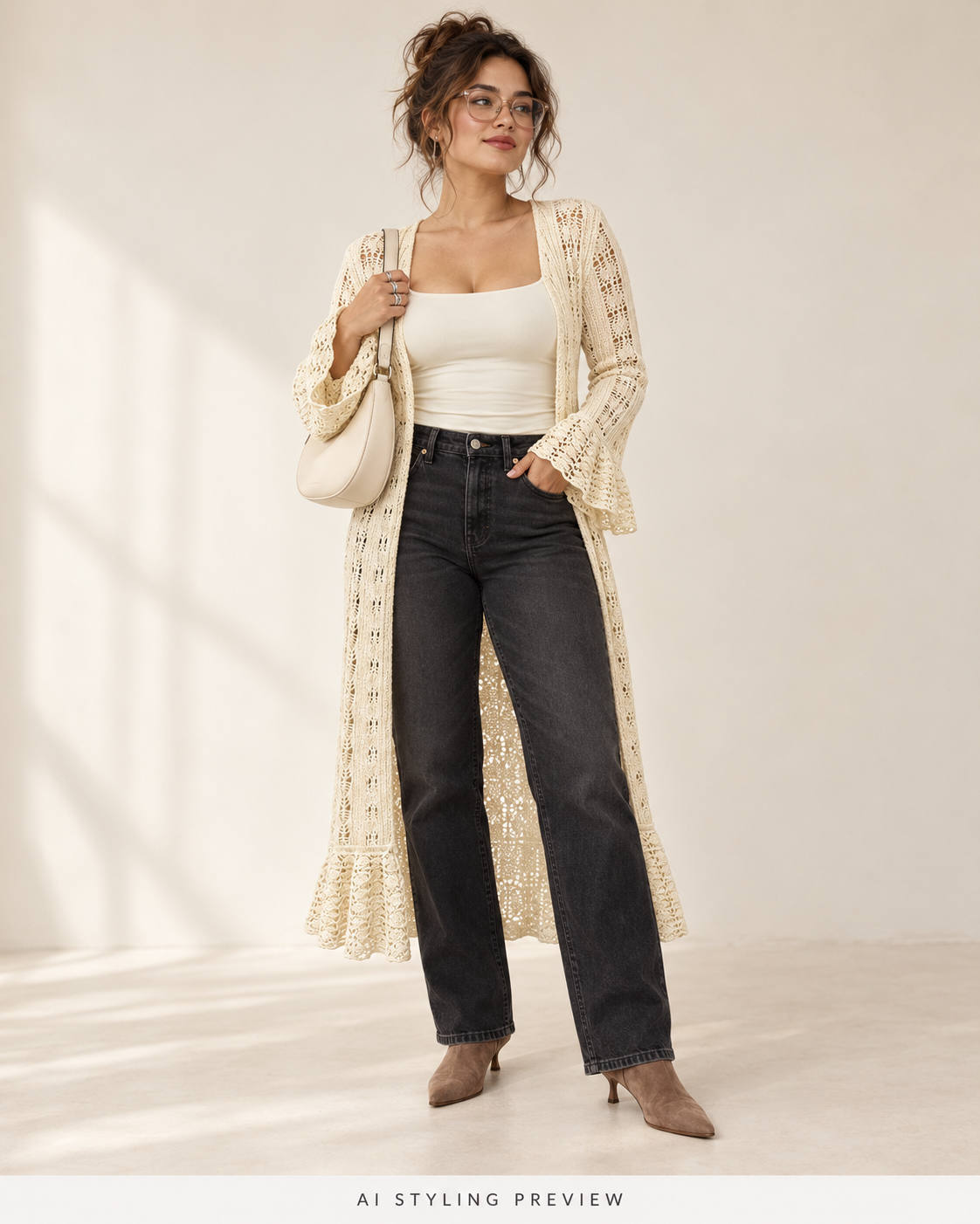 AI-generated styling illustration of a fictional model in a long cream crochet cardigan, cream tank, dark jeans and brown ankle boots, with a cream bag and glasses.