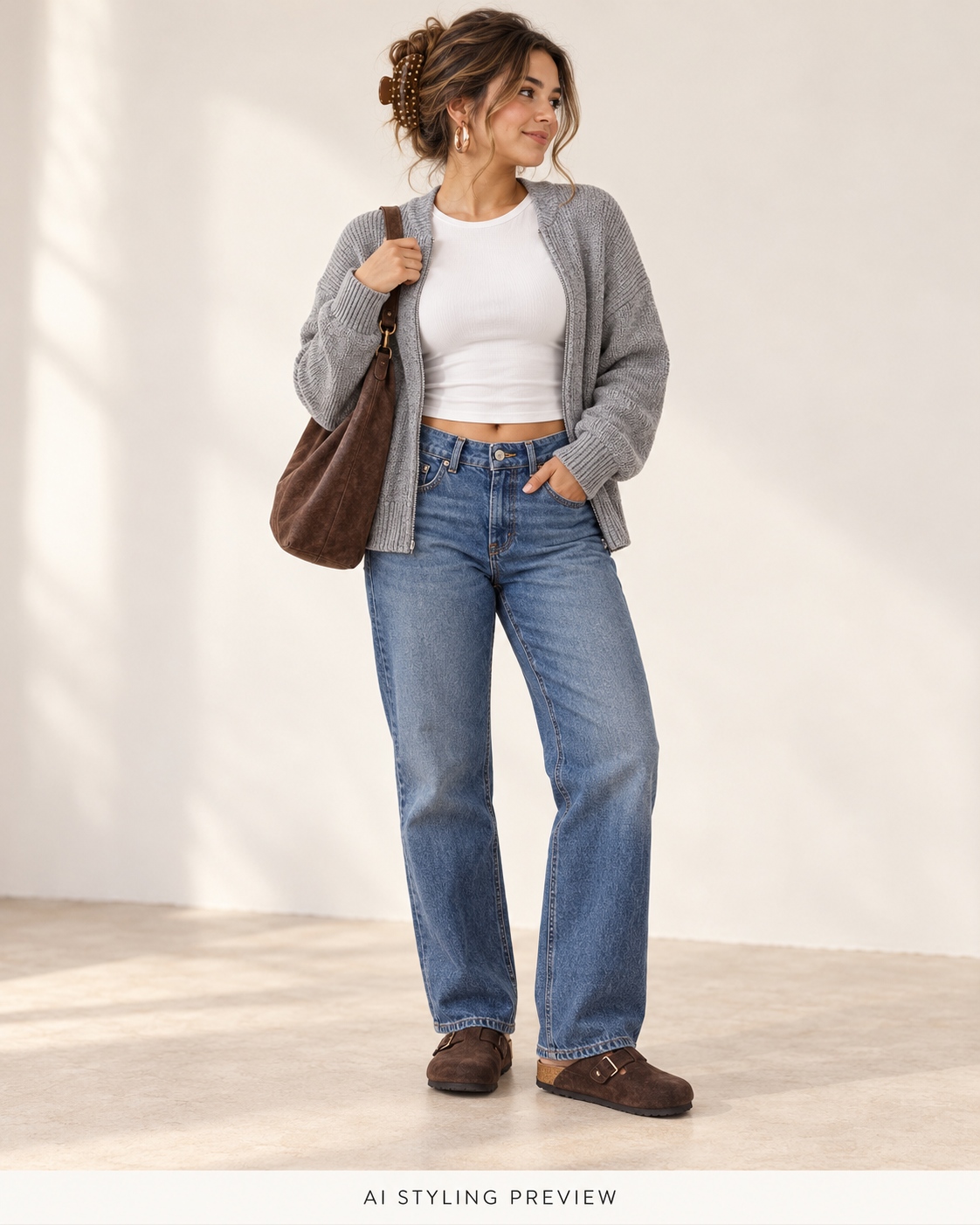 AI-generated styling illustration of a fictional model in a grey zip cardigan, white crop tee, loose blue jeans, brown clogs and coffee-brown bag, with hair clipped up.