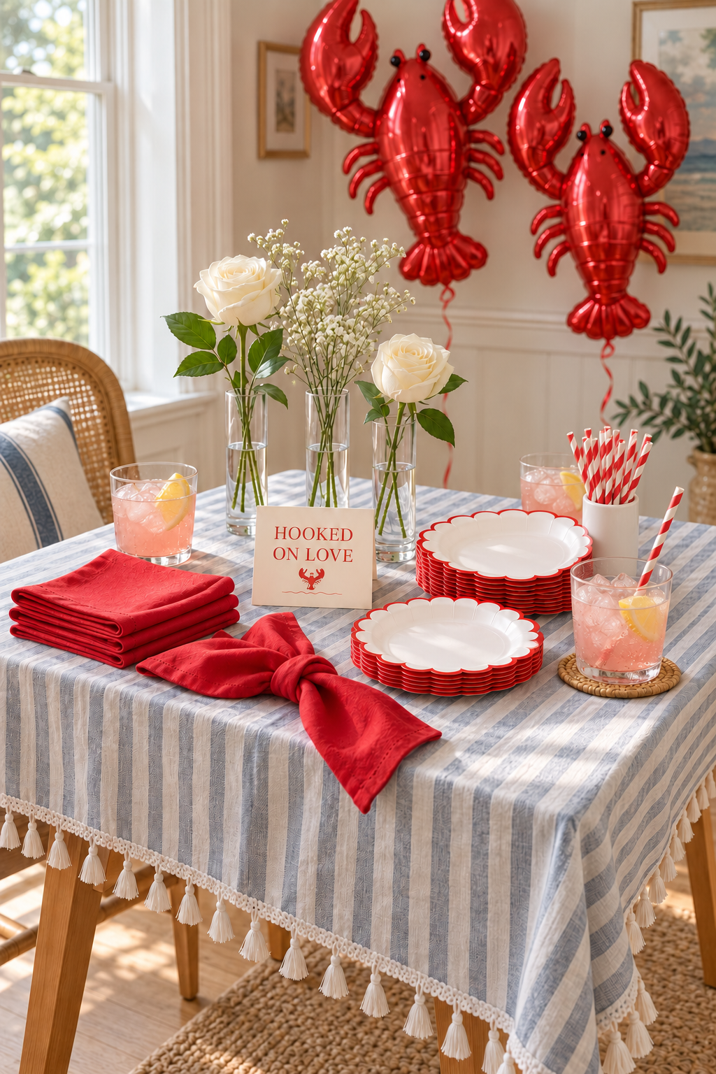 AI styling concept for a coastal bridal shower with lobster balloons, striped linen, red-trim plates, lemonade and a straw holder.