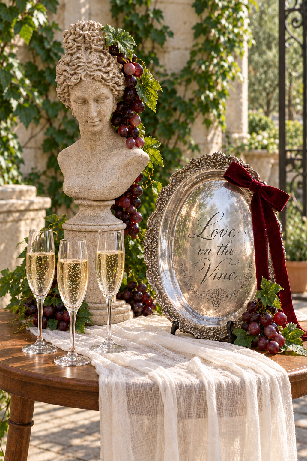 AI styling concept with a classical bust, decorative grapes, an engraved silver platter and three champagne flutes.