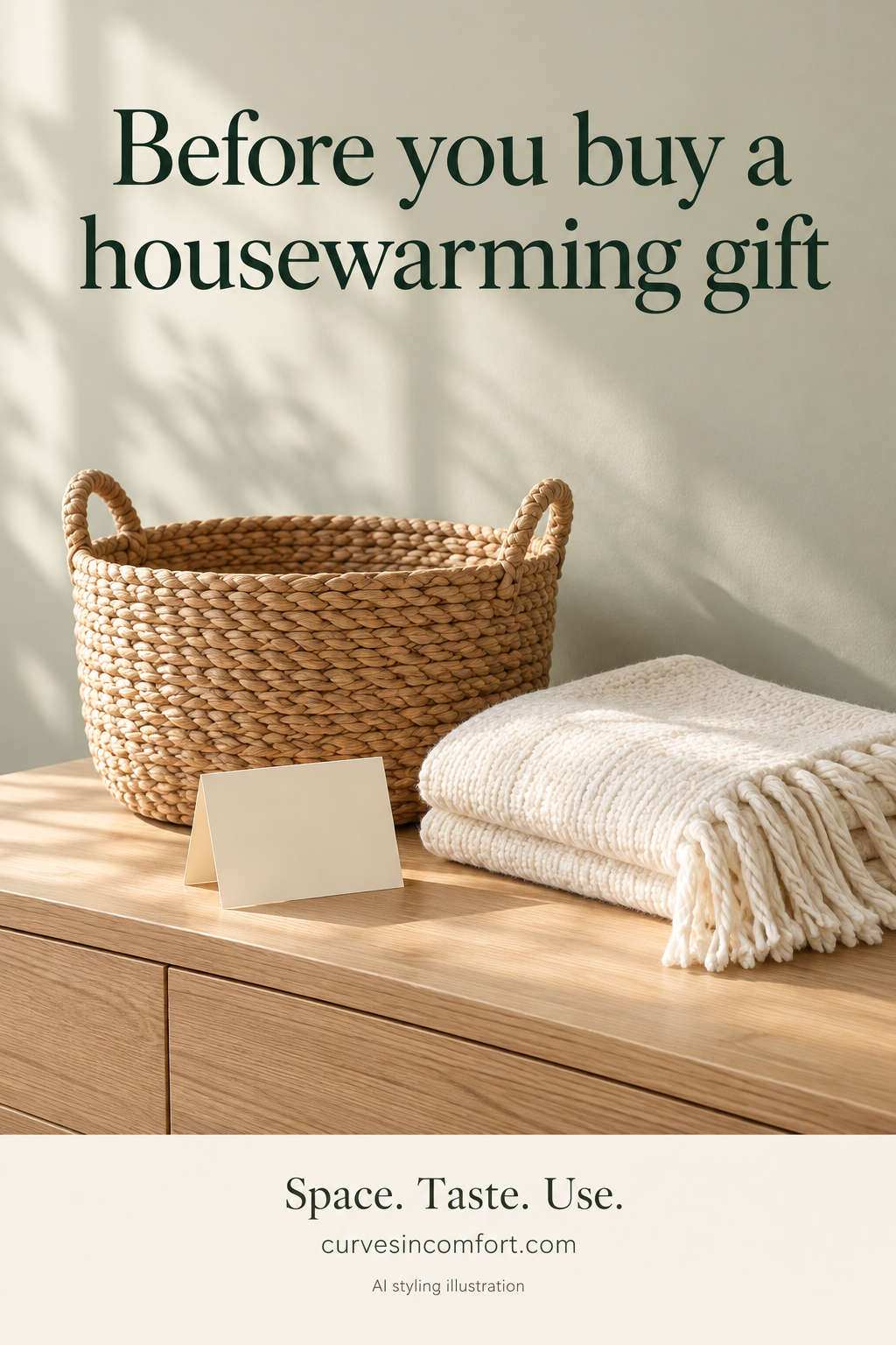 AI styling illustration of a generic basket, ivory throw and blank note card on a console; not exact products.
