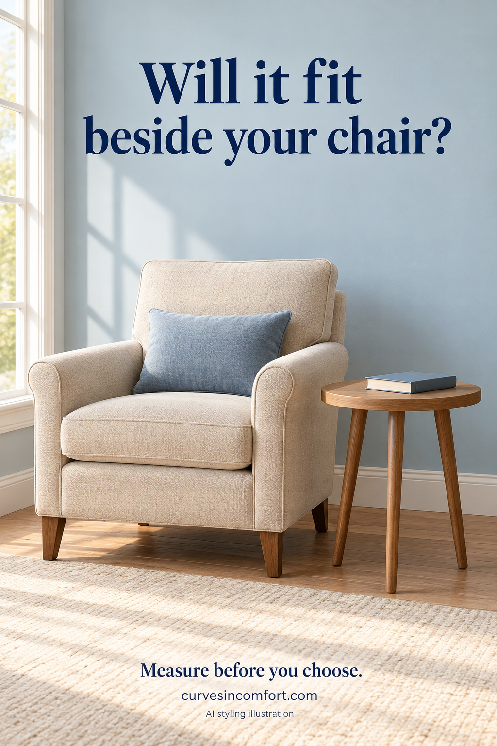 AI planning illustration of a generic chair and round side table with open walking space; not exact products.