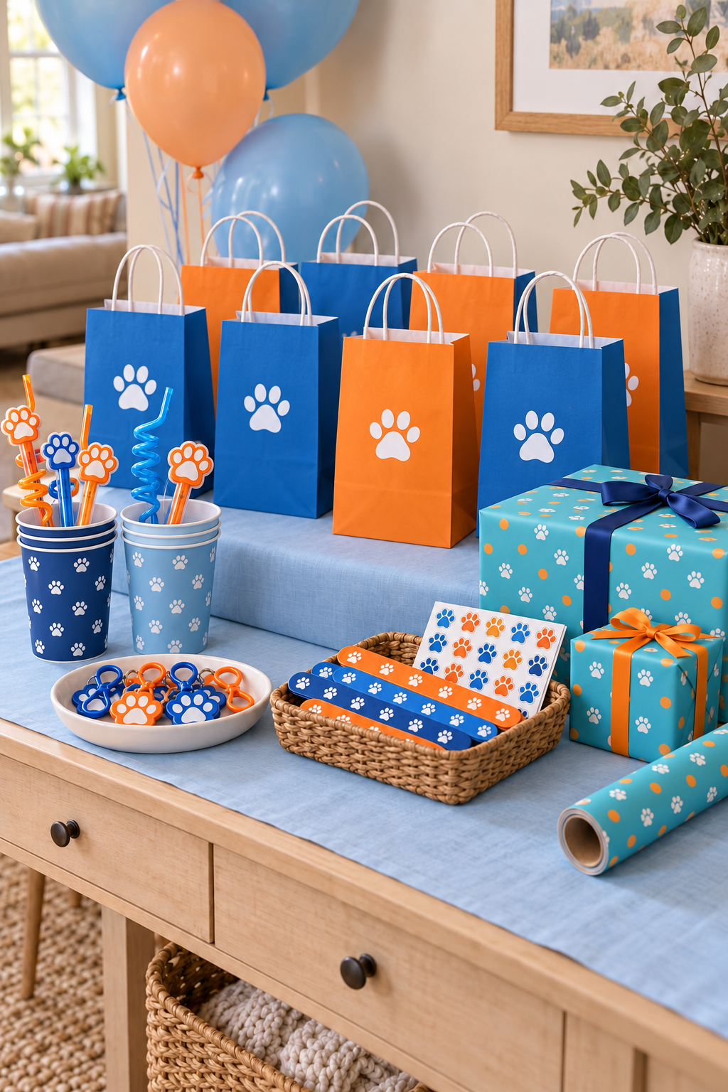 AI styling concept of blue and orange paw-print favor bags, cups, small favors and wrapped gifts.