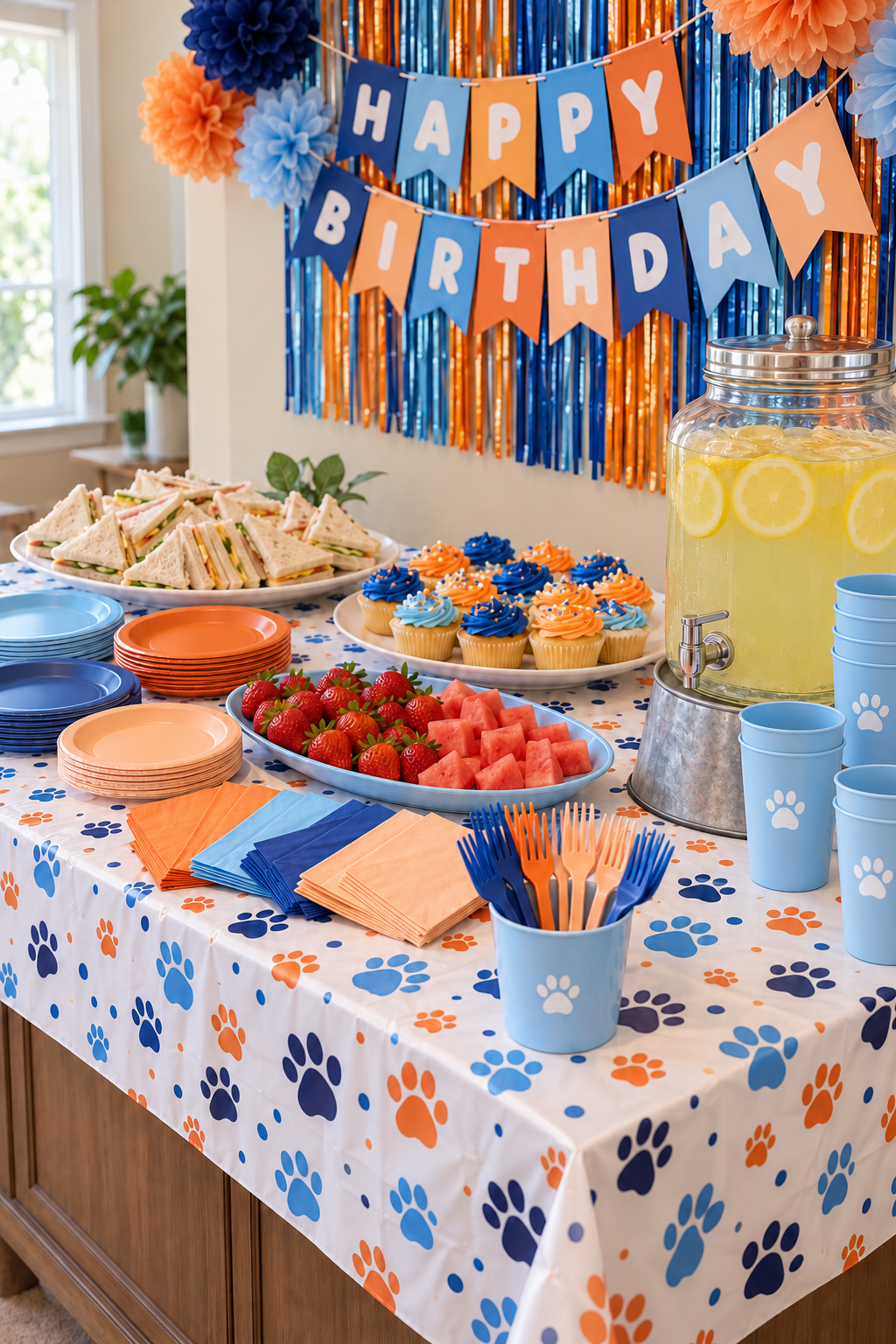 AI styling concept of a puppy party snack table with lemonade, cupcakes, sandwiches and fanned napkins.