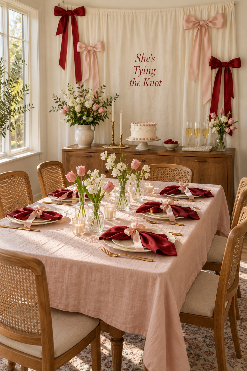 AI styling concept of a blush and deep-red bow bridal shower table with flowers, scalloped plates and a cream backdrop.
