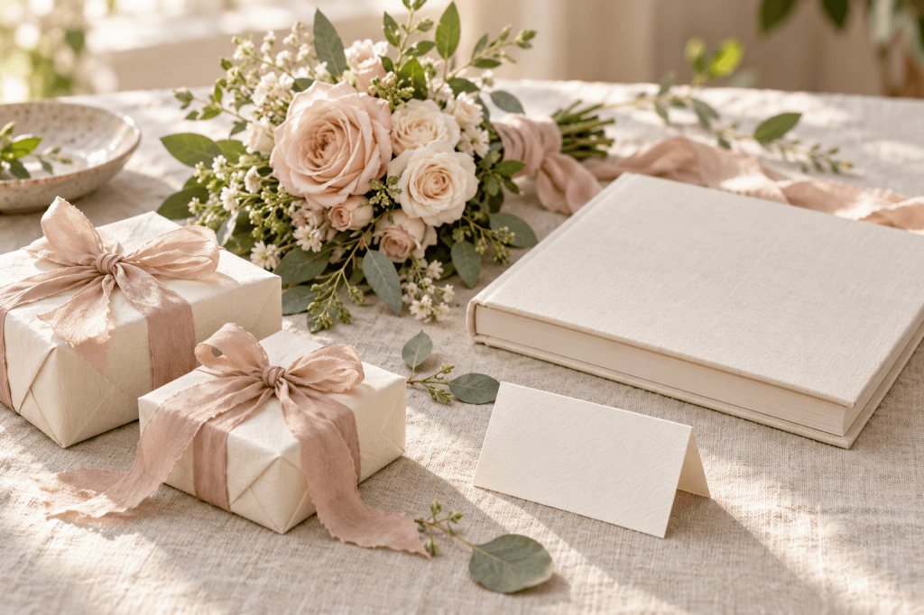 Ivory gifts with blush ribbons, pale roses, and a blank keepsake book on linen.