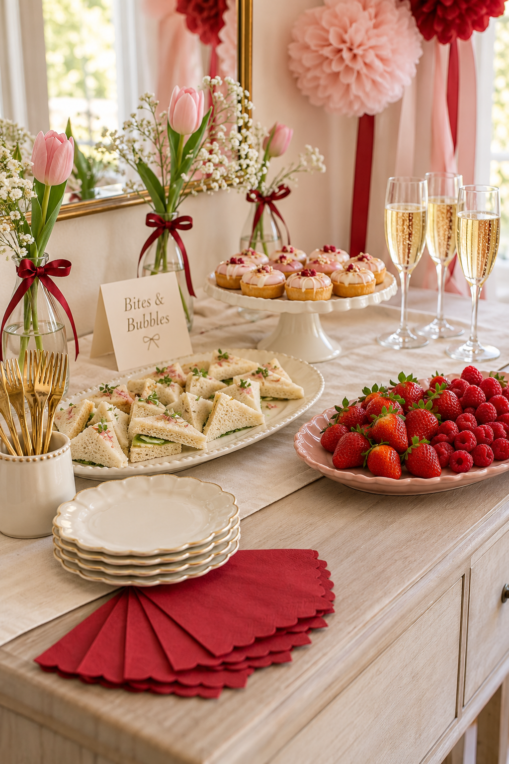 AI styling concept of finger sandwiches, berries and pastries on pretty platters with fanned red napkins and filled champagne glasses.
