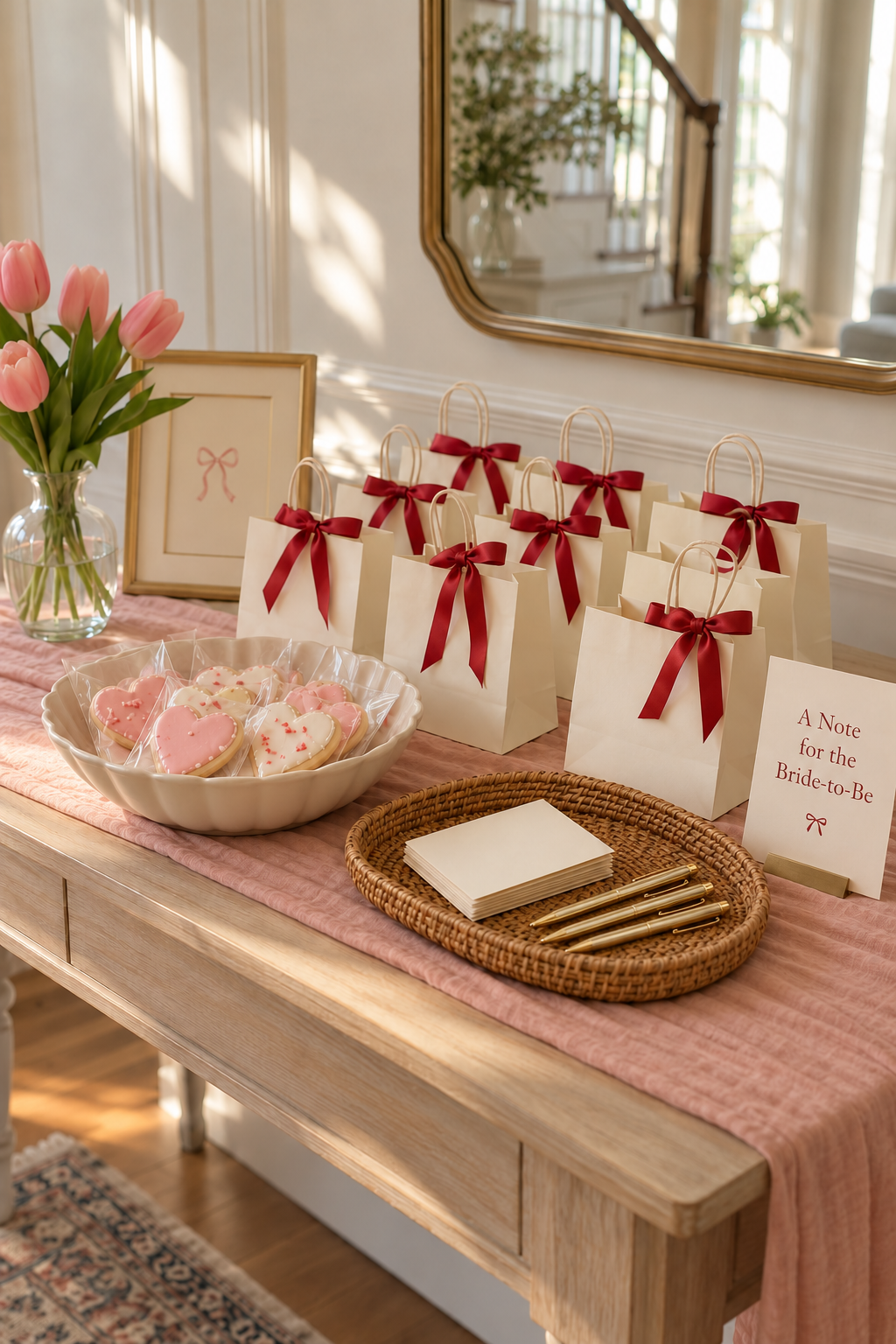 AI styling concept of cream favor bags with red bows, wrapped heart cookies, and blank cards with gold pens for notes to the bride-to-be.