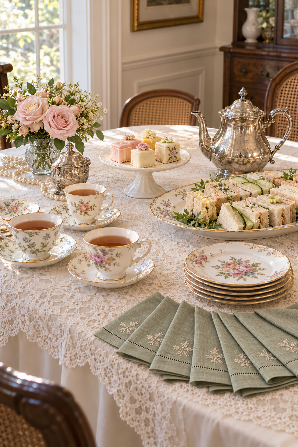 AI styling concept of a vintage tea party with floral china, pink roses, lace tablecloth and fanned sage napkins.