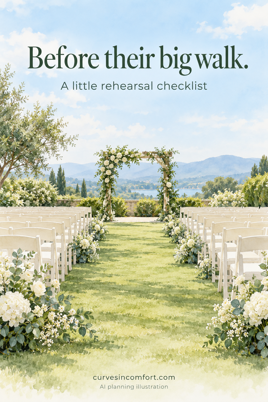 Generic AI planning illustration of an empty garden wedding aisle with ivory chairs.